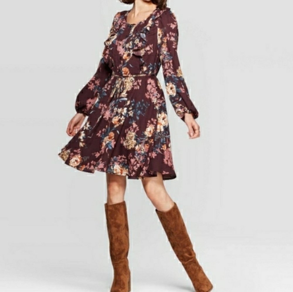 Xhilaration Dress Womens Fit & Flare Burgandy Floral Ruffles Stretch Flowy S